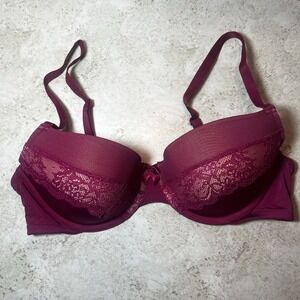 Adore Me Lace Bra Size 34D Maroon Red Padded Underwire Bow Plunge EUC